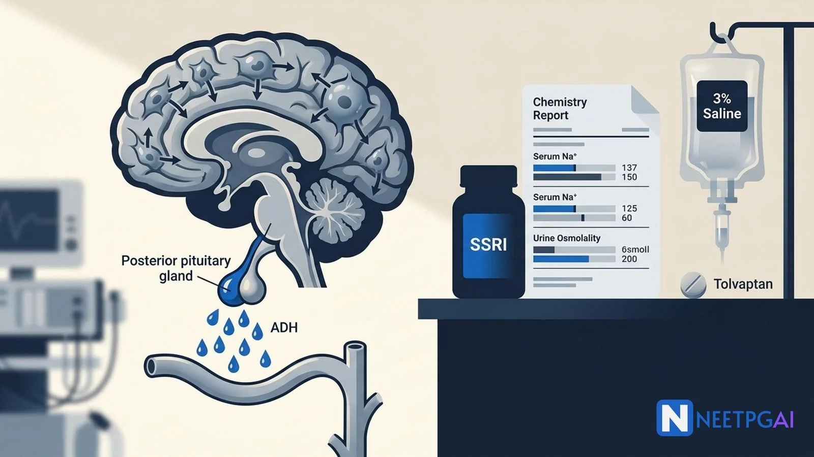 Clinical Case: 72-Year-Old on SSRIs with Confusion and Hyponatremia — SIADH Workup and Management for NEET PG