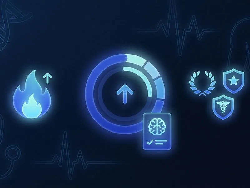 The NEETPGAI dashboard showing the Daily Challenge card with 5 mixed-subject MCQs and a completion progress indicator, the XP progress bar climbing toward the next of 15 levels, the current study-streak counter, and the Smart Daily Missions card listing up to five prioritised tasks ordered by urgency.