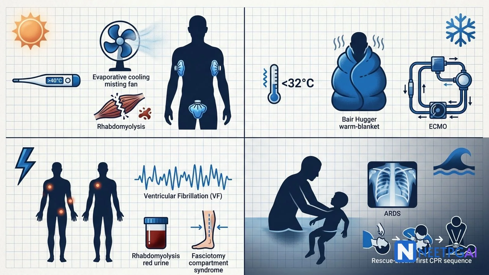Heat Illness, Cold Injury, Electrical & Drowning Emergencies — NEET PG Environmental Medicine Guide