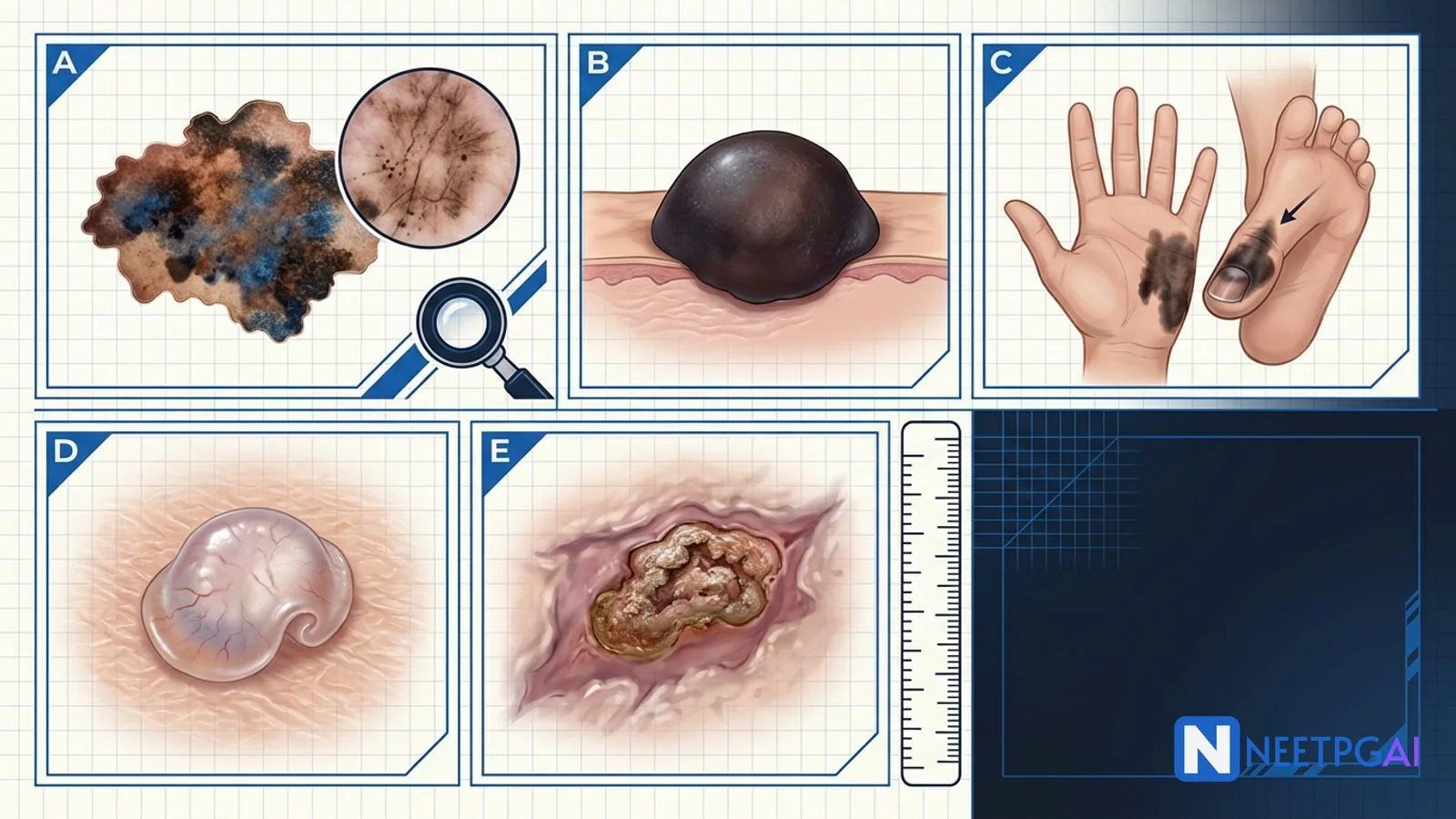 Image MCQ: Dermatology — Melanoma ABCDE and Skin Cancer Recognition for NEET PG (Superficial Spreading, Nodular, Acral Lentiginous, BCC, SCC)