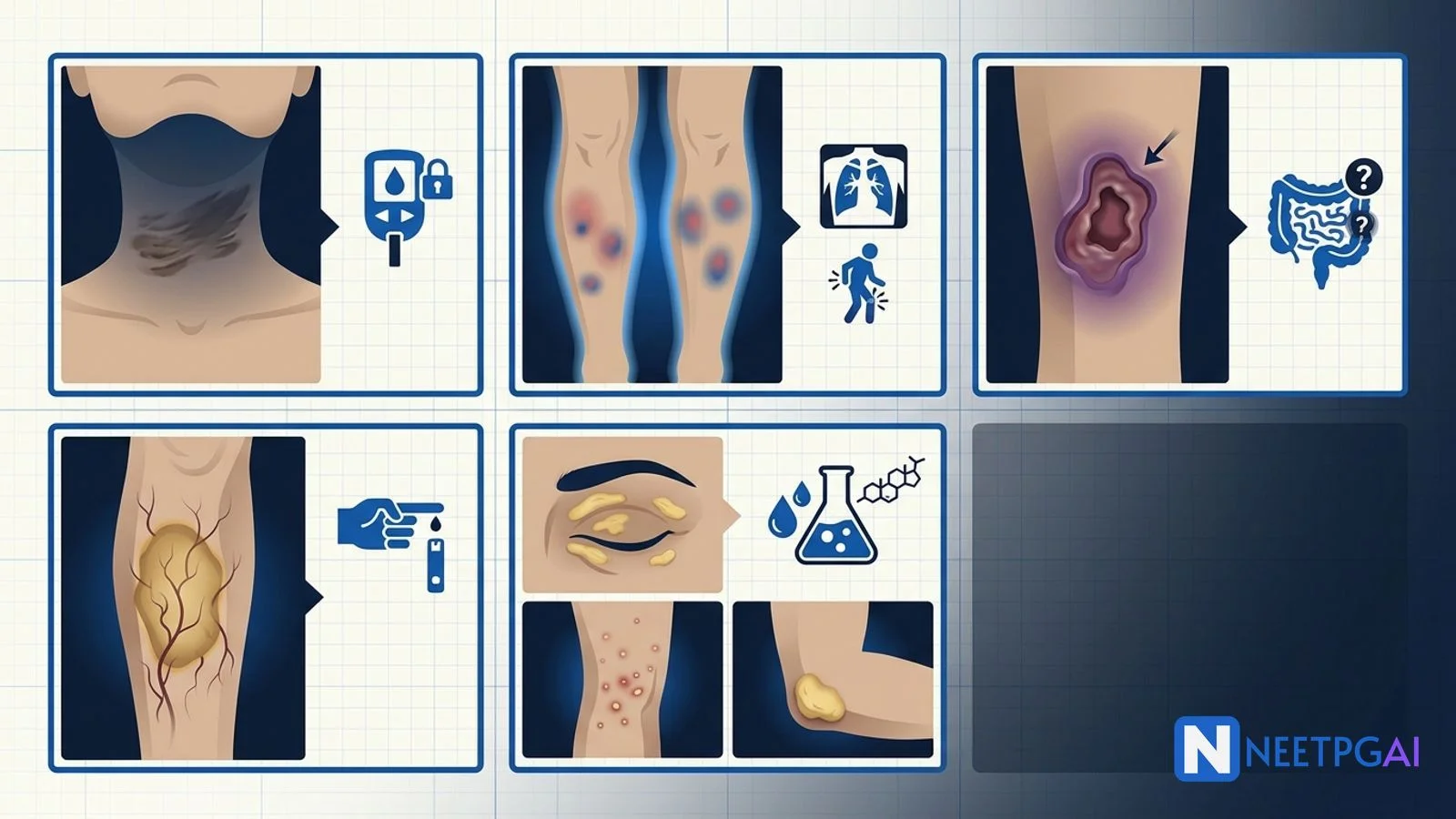 Image MCQ: Cutaneous Markers of Systemic Disease for NEET PG (Acanthosis Nigricans, Erythema Nodosum, Pyoderma Gangrenosum, Necrobiosis, Xanthomas)