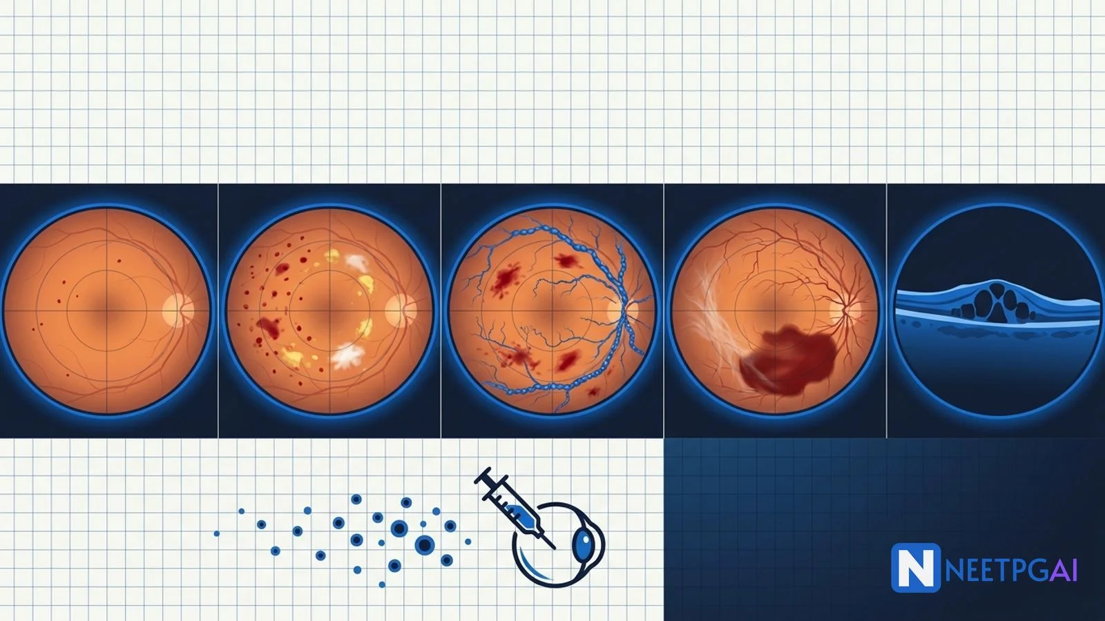 Image MCQ: Fundoscopy — Diabetic Retinopathy Grading for NEET PG (Mild NPDR, Severe NPDR 4-2-1, PDR, DME)