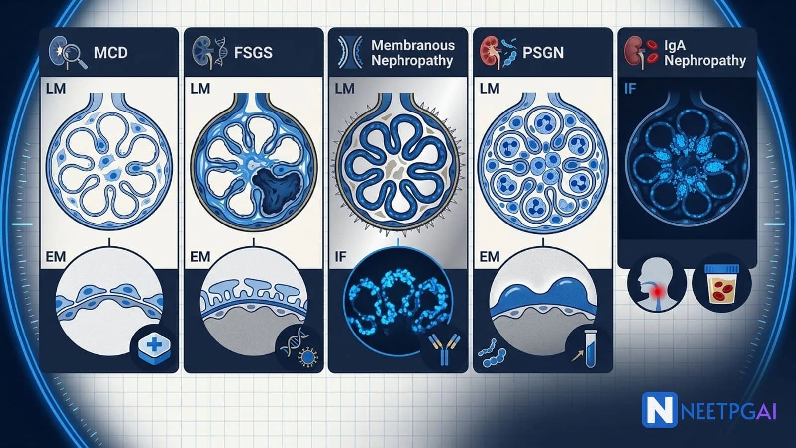 Image MCQ: Glomerular Renal Biopsy Patterns for NEET PG (MCD, FSGS, Membranous, PSGN, IgA)