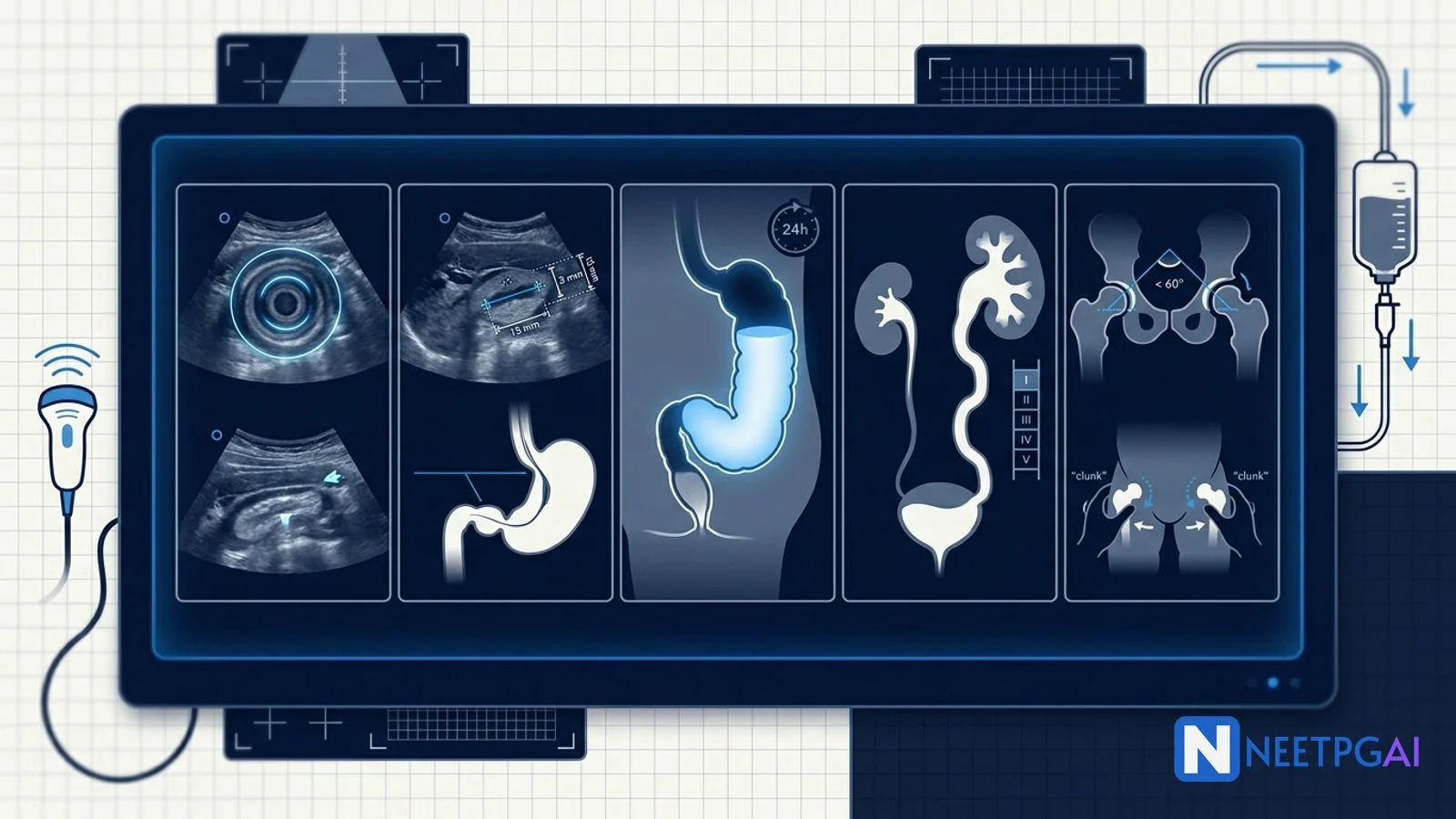 Image MCQ: Pediatric Imaging Findings for NEET PG (Intussusception, Pyloric Stenosis, Hirschsprung, VUR, DDH)