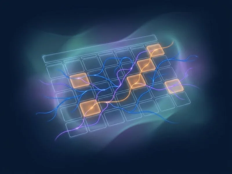 Calendar grid threaded with neural network filaments, representing the AI Study Planner